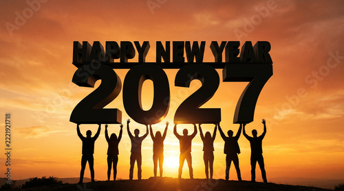 Happy New Year 2027 Silhouette of Celebrating People Holding Giant Numbers at Golden Sunset Sky with Copy Space
