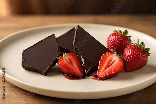 Gourmet Dark Chocolate Chunks and Fresh Strawberries on Ceramic Plate