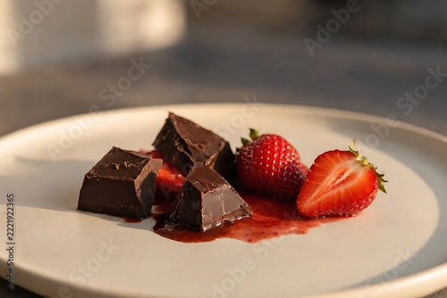 Dark Chocolate Pieces with Fresh Strawberries and Berry Sauce