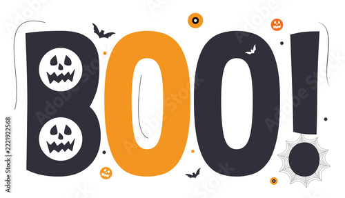 Obraz na plátně Halloween boo text with jack o lantern faces bats and spider web festive spooky