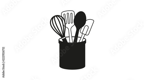 Kitchen Utensil Silhouettes | Cooking Tool Icon Set in a Container | Black and White Illustration