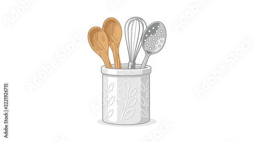 Kitchen Utensil Set in Ceramic Holder | Cooking Tool Illustration