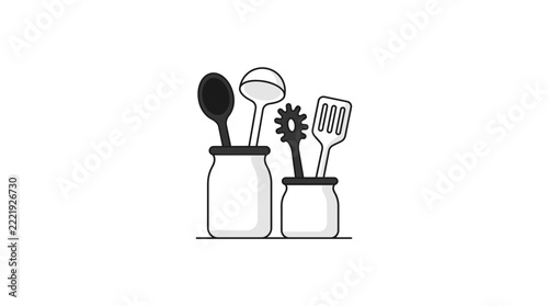 Kitchen Utensil Set | Cooking Tool Icon Illustration | Minimalist Black and White Graphic