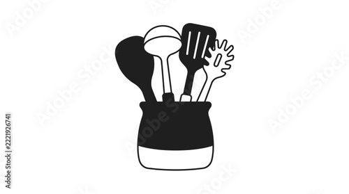 Kitchen Utensil Set in Ceramic Jar | Black and White Icon Graphic