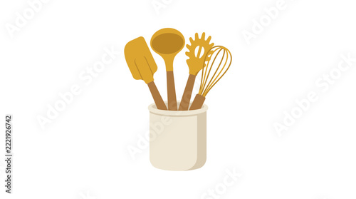 Kitchen utensil set in a ceramic white crock- Illustration- Vector- Kitchenware collection