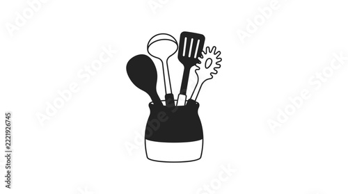 Kitchen Utensil Set in Pot Holder Illustration | Minimalist Black and White Vector