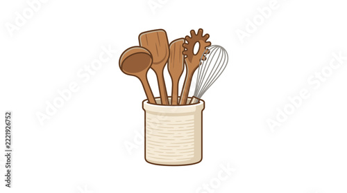 Kitchen Utensil Set in Ceramic Jar | Wooden Spatula & Whisk Illustration