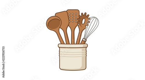 Kitchen Utensil Set in Ceramic Jar | Wooden Spoon and Whisk Illustration