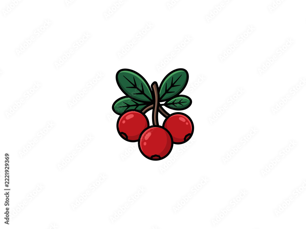 Obraz premium Three Ripe Red Cranberries With Green Leaves And Brown Stems Arranged As A Natural Berry Cluster For Seasonal Food, Autumn, And Botanical Designs, Vector Illustration