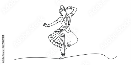 Continuous line drawing of an indian woman performing a traditional bharatanatyam classical dance pose