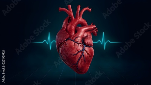 Detailed 3D human heart anatomy with red arteries, blue veins, and glowing EKG heartbeat line on dark grid background for cardiology concept