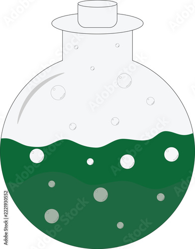 Flat Vector Icon Featuring a Round Glass Laboratory Flask Filled with Bubbling Green Liquid Potion for Science Experiments and Magical Alchemy Concepts