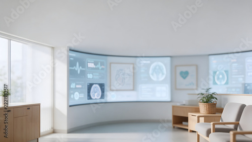Modern Futuristic Medical Center Waiting Room with Advanced Health Data Monitoring Screens and Comfortable Seating Area
