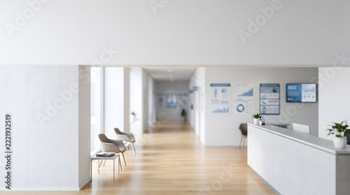 Modern medical clinic reception area and hallway with minimalist design and ample copy space