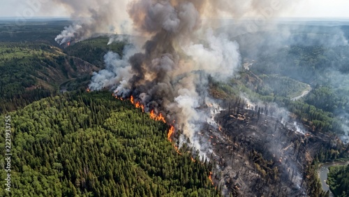 Drone view burning forest landscape