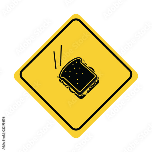 Warning sign featuring a falling sandwich in a yellow diamond shape  