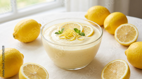 Creamy lemon dip in a glass bowl surrounded by fresh citrus slices and whole lemons on a bright kitchen table for refreshing summer appetizer recipe and healthy food inspiration ideas
