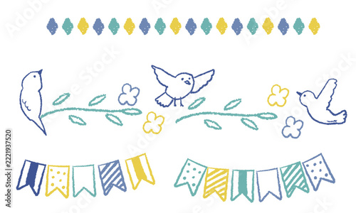 手描きのかわいい鳥とあしらいの罫線セット