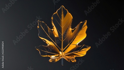 Glowing Golden Amber Glass Maple Leaf Hanging 3D Render Isolated on Dark Background