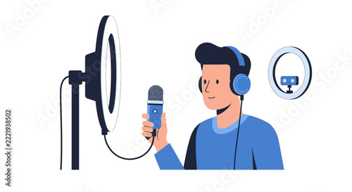 Content Creator Recording Podcast or Live Streaming with Microphone, Headphones and Ring Light; Flat Vector Illustration of Man Vlogging