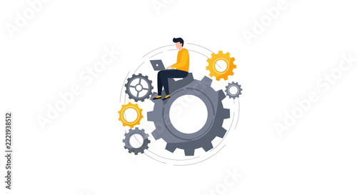 Professional Man Working on Laptop Sitting on Large Gear, Business Process Automation and Technical Support Concept Illustration
