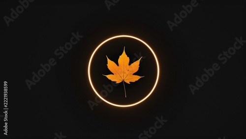 Minimalist Golden Autumn Maple Leaf Glowing Circle on Black Background, Elegant Nature Concept