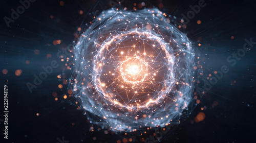 Cosmic Energy Sphere: An abstract, glowing sphere pulsates with celestial energy, depicted as a complex network of light and particles, evoking a sense of mystery and wonder.