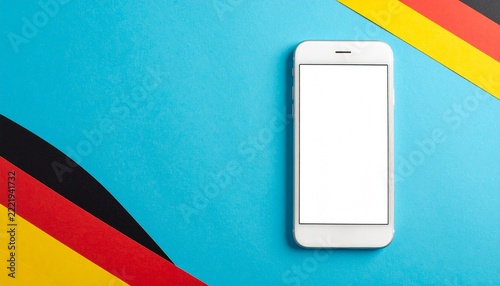 Modern Smartphone on Blue Background with Colorful Striped Flag Design