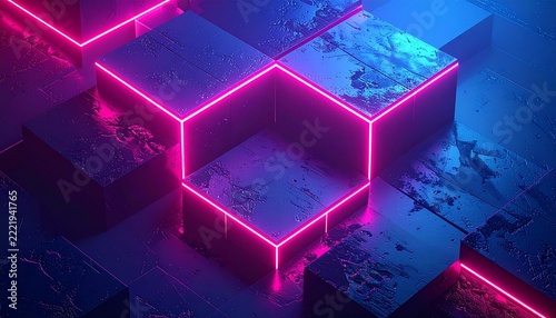 Neon Cube Structure in Dark Space.