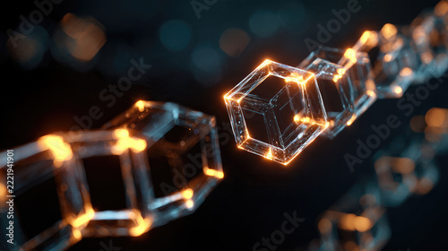 Blockchain Network Concept: Abstract digital representation of interconnected blocks forming a secure chain, symbolizing decentralized technology and data security.