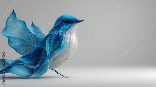 Abstract flowing blue and white bird sculpture on a light gray studio background. 3D render