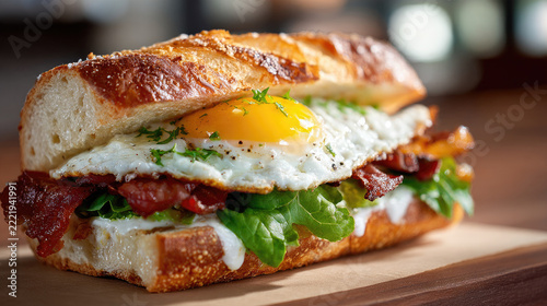 Gourmet Breakfast Sandwich: A toasted baguette is filled with a fried egg, crispy bacon, fresh lettuce, and creamy sauce, offering a delectable and satisfying meal.