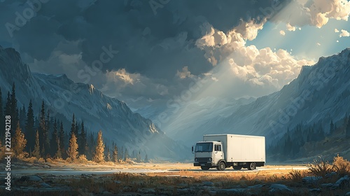 White delivery truck driving on a road through a scenic mountain valley with dramatic sky