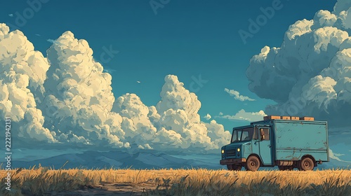 Vintage teal cargo van driving through golden grassy field with dramatic clouds