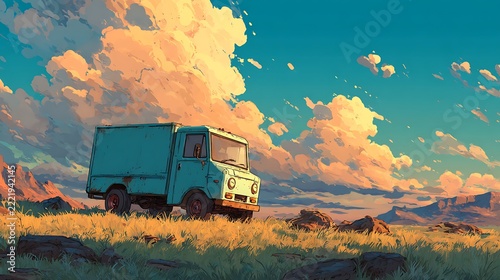Vintage turquoise truck parked in grassy field with dramatic sunset clouds