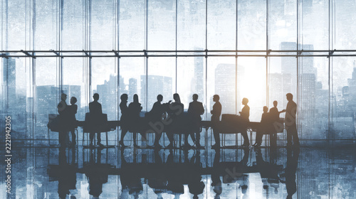 Boardroom Silhouettes: A group of business professionals are silhouetted against a large window overlooking a city skyline during a meeting, symbolizing discussion and decision-making.