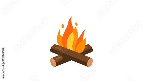 Fireplace icon showing stylized wooden logs under bright flickering flames depicted in simple vector illustration style.