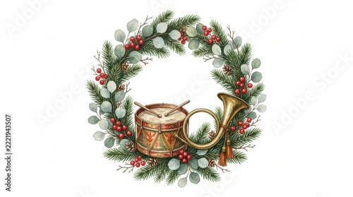 Traditional watercolor Christmas wreath composed of winter pine needles, red winter berries, pinecones, vintage toy drum, and brass horn around circular white space for holiday message