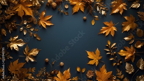 Luxurious Autumn Frame with Metallic Gold Maple Leaves and Botanical Elements on Dark Blue Slate Background