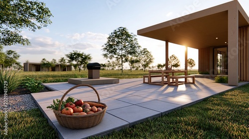 A modern patio area with a basket of fresh vegetables, a picnic table, and a grill, set against a backdrop of a suburban backyard at sunset