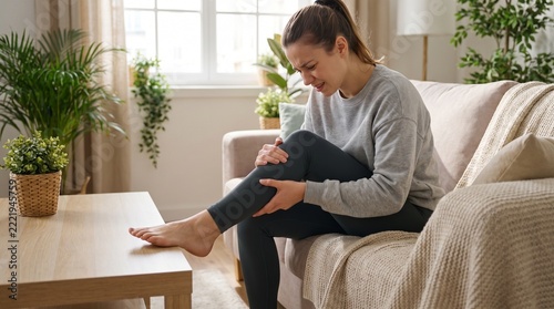 Woman experiencing leg pain while sitting on a couch at home.