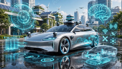 futuristic silver electric sedan