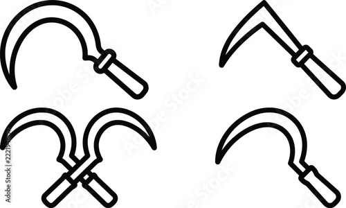 Fotografie Agriculture sickle and scythe line icons set isolated on a white background vect
