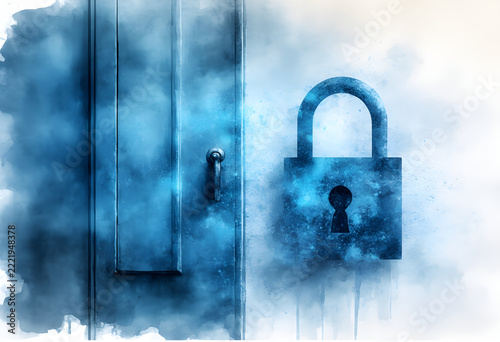Blue watercolor padlock and metal door texture