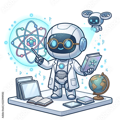 Cute cartoon robot teacher with round glasses and lab coat pointing at glowing atom model, holding book, globe, flying drone, AI science education concept on white background