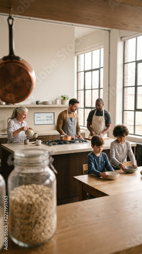 Family Morning Routine with Parents Children and Grandmother Preparing Breakfast in Modern Home Kitchen, Family Breakfast, Multigenerational Family