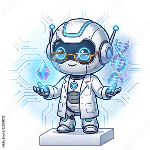 Cute cartoon robot scientist in lab coat and safety goggles holding test tubes and glowing flask, floating molecules, chemistry science illustration on white background