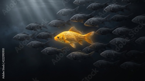 A golden goldfish swimming against the current of a large school of dark fish in murky water with light rays.
