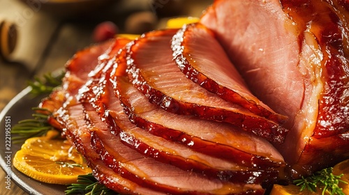 ham. A top view of traditionally sliced honey glazed ham on a simple plate, glossy and detailed. menu design, packaging mockups, designed for food delivery and cloud-kitchen brand materials.