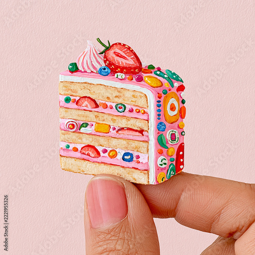 虹色の装飾が華やかなミニバースデーケーキ　アート感覚のイラスト
